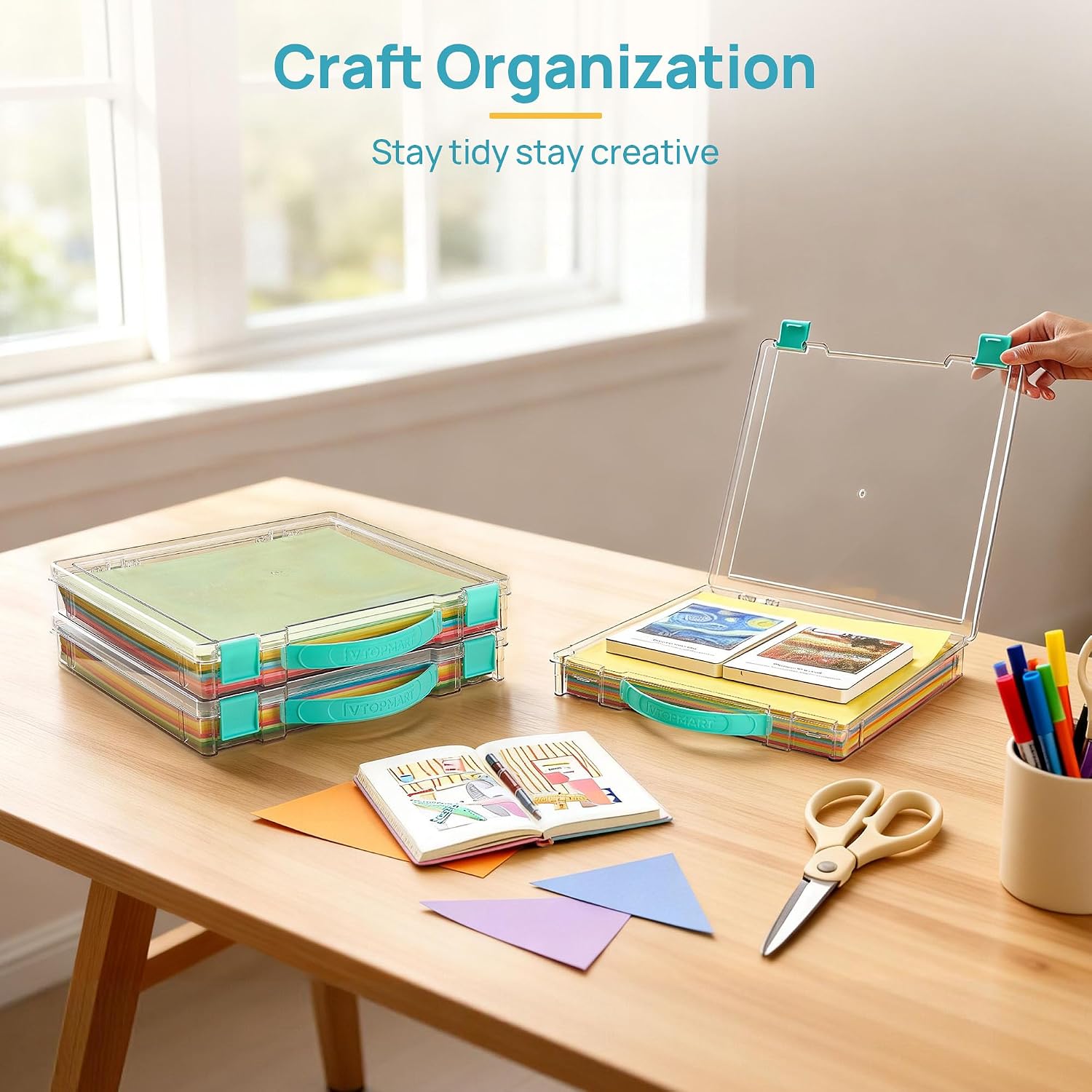 Vtopmart 3 Pack Board Game Storage with Handle and Snap-Tight Latch Lid. Craft Organizer Fit 12 x 12 Papers. Stackable Clear Storage Box for Scrapbook Storage. Art Supply Storage. Puzzle Storage - Image 4