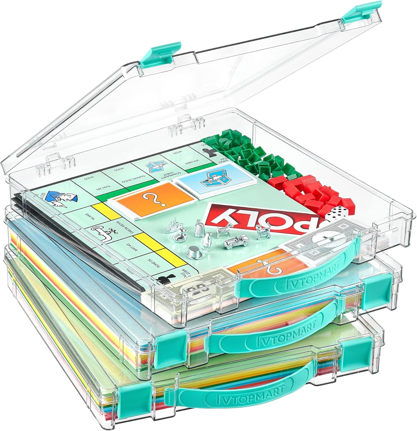 Vtopmart 3 Pack Board Game Storage with Handle and Snap-Tight Latch Lid. Craft Organizer Fit 12 x 12 Papers. Stackable Clear Storage Box for Scrapbook Storage. Art Supply Storage. Puzzle Storage
