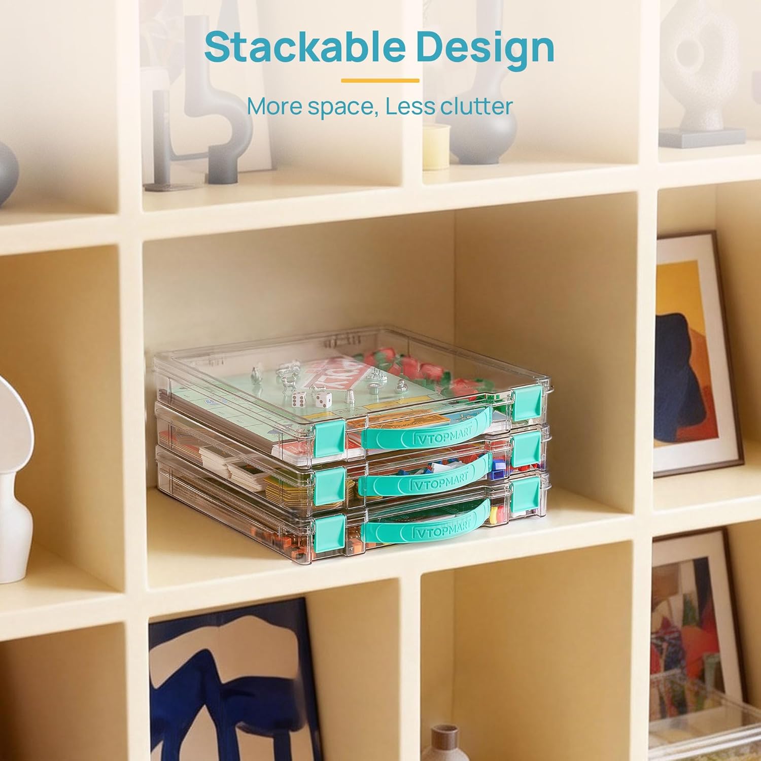 Vtopmart 3 Pack Board Game Storage with Handle and Snap-Tight Latch Lid. Craft Organizer Fit 12 x 12 Papers. Stackable Clear Storage Box for Scrapbook Storage. Art Supply Storage. Puzzle Storage - Image 7