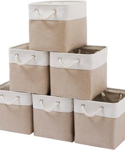 MidmmVick 11 x 11 Inch Cube Storage Bins. 6 Pack Large Collapsible Fabric Storage Bin with Ropes. Foldable Storage Cubes for Home. Office.Closet. Clothes. Toys Organizer (White & Beige-11x11x11)